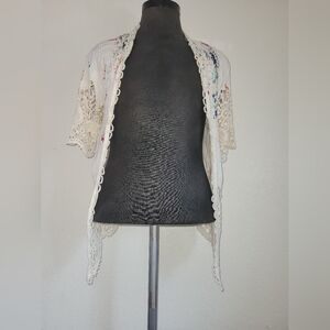 3/$25 Raj Cream Yvory Crochet Knit OS Open Front Kimono Cardigan with Butterfly